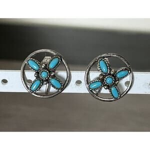 Cute Vintage Silver Tone Faux Turquoise Clip On Earrings By Sancrest